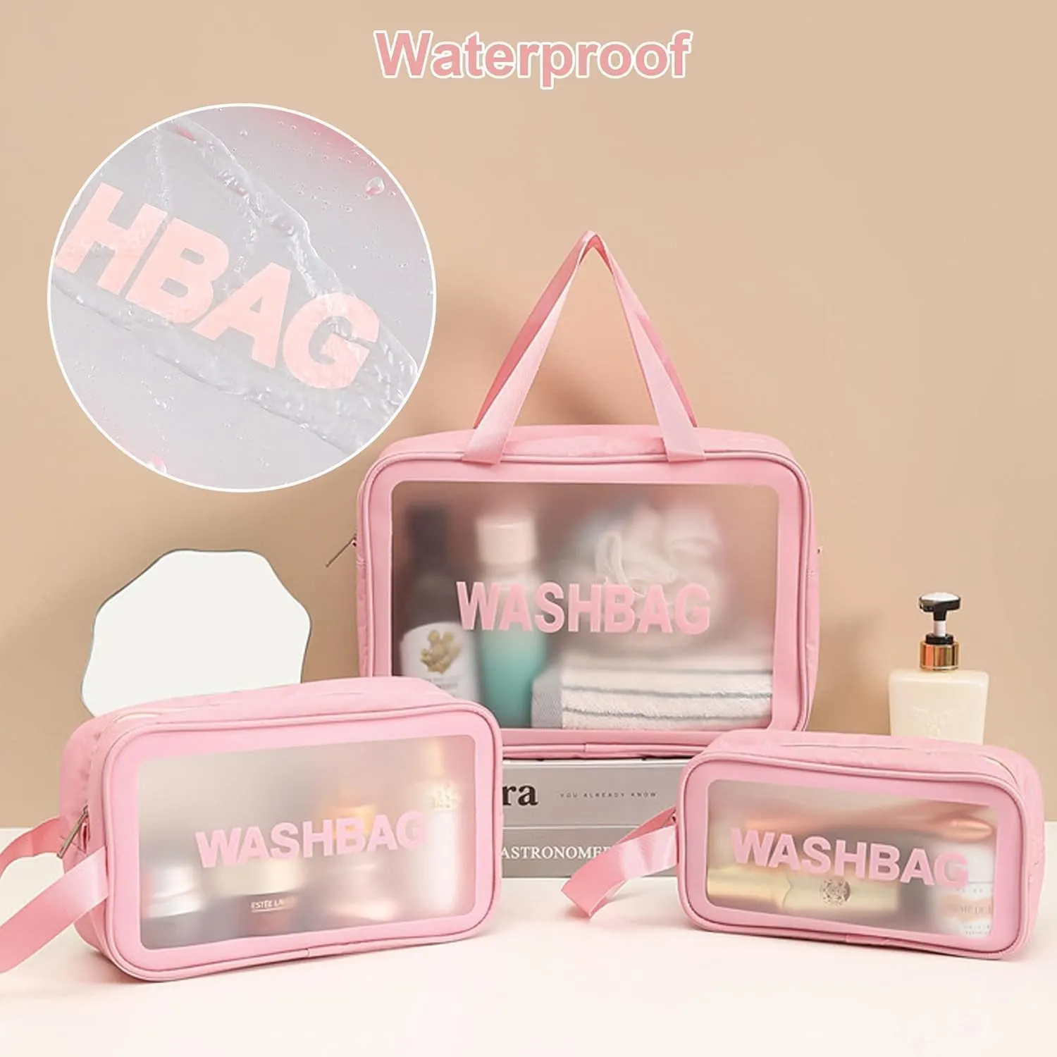 Cosmetic Makeup Organizer Pouch Bag for Women, Wash Bag for Travel, Toilery Organizer Kit, 3 Pcs Wash Bag Set, Pink