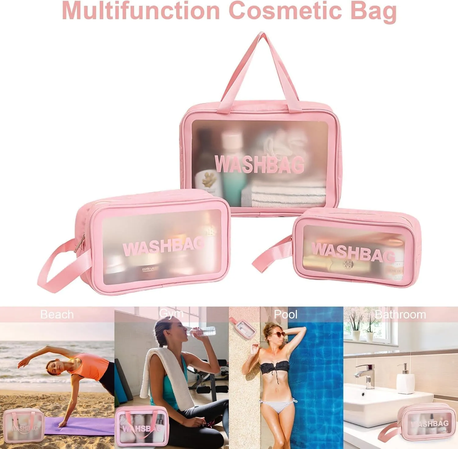 Cosmetic Makeup Organizer Pouch Bag for Women, Wash Bag for Travel, Toilery Organizer Kit, 3 Pcs Wash Bag Set, Pink