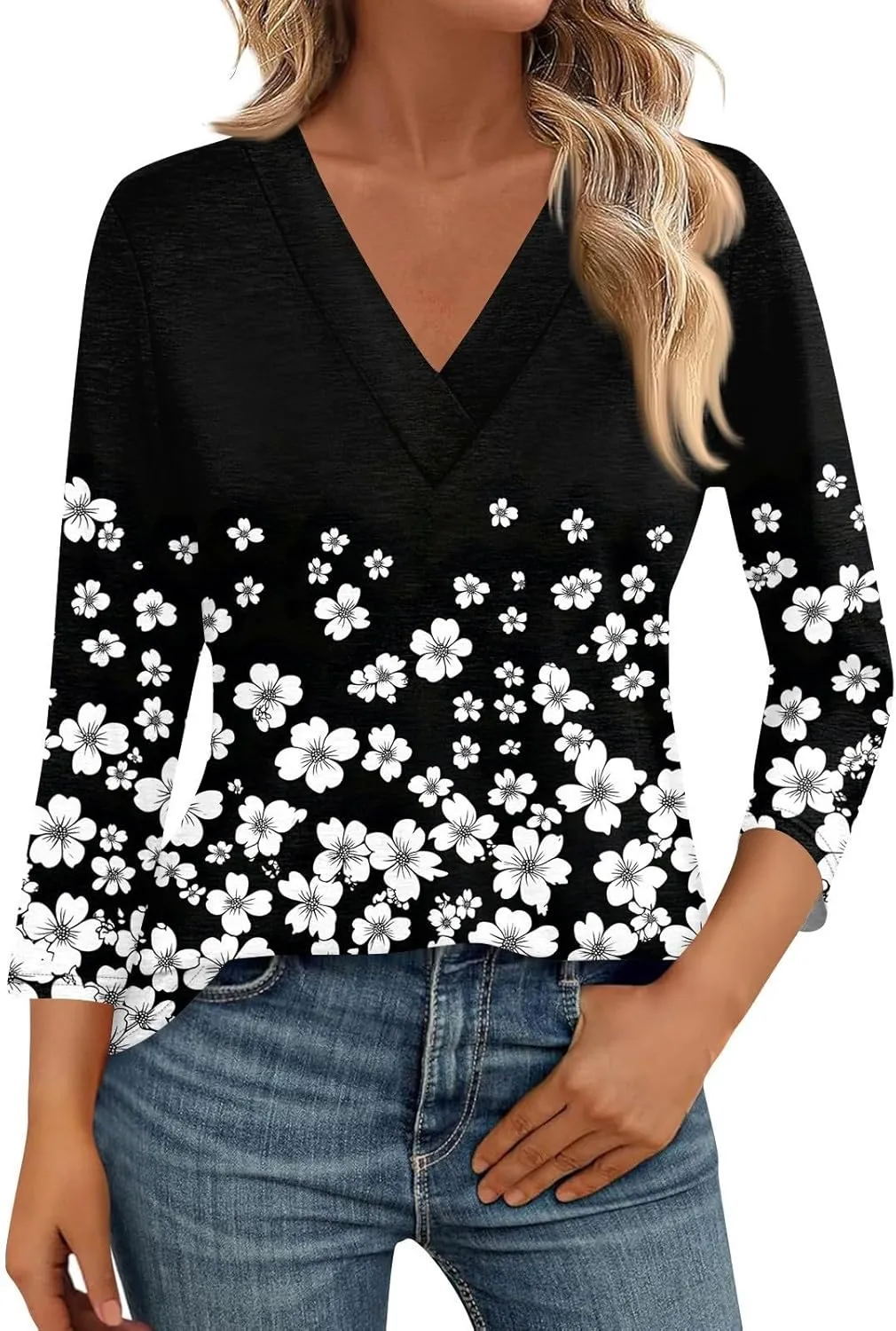 COTECRAM 3/4 Length Sleeve Womens Tops V Neck Dressy Casual Tunic Tops Spring Summer Loose Fit Blouse Shirts 2025