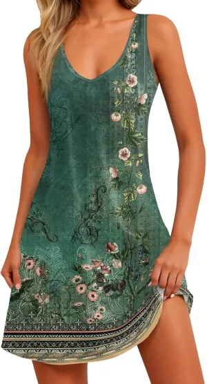 COTECRAM Women's Summer Dresses 2024 Beach Casual Sleeveless Floral Print Boho Tank Dress V Neck Loose Sundress with Pockets