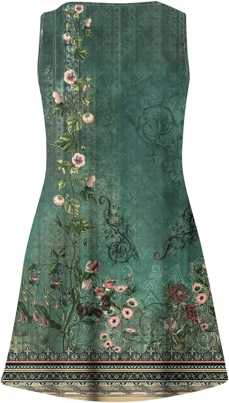 COTECRAM Women's Summer Dresses 2024 Beach Casual Sleeveless Floral Print Boho Tank Dress V Neck Loose Sundress with Pockets