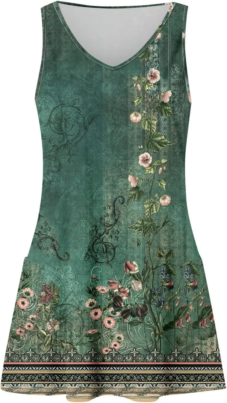 COTECRAM Women's Summer Dresses 2024 Beach Casual Sleeveless Floral Print Boho Tank Dress V Neck Loose Sundress with Pockets
