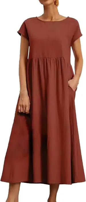 Cotton Dresses with Pockets for Women Casual Summer Midi Dress Solid Plus Size Short Sleeve Knee Length T Shirt Dress