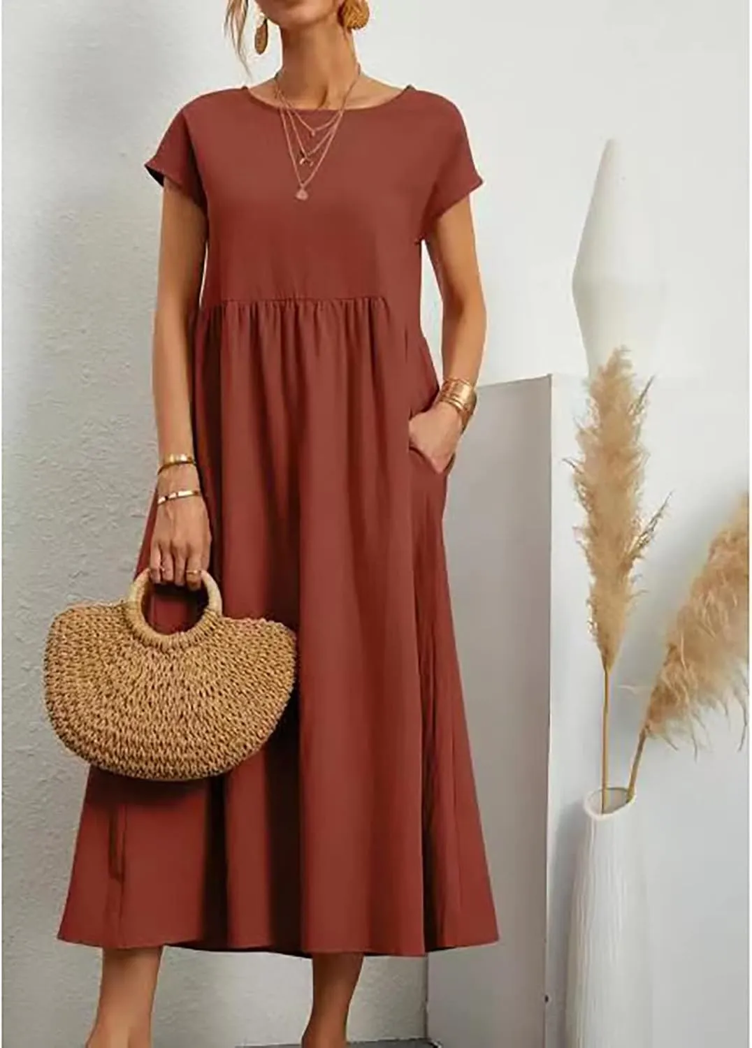 Cotton Dresses with Pockets for Women Casual Summer Midi Dress Solid Plus Size Short Sleeve Knee Length T Shirt Dress