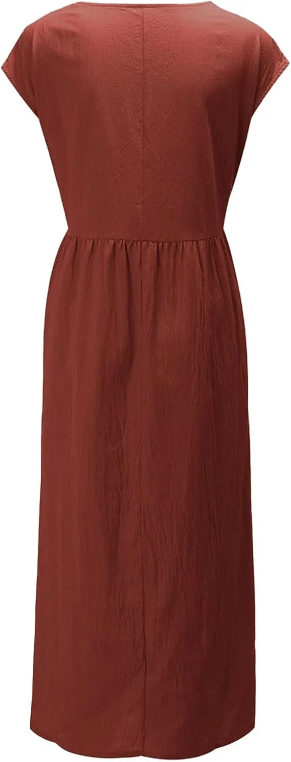 Cotton Dresses with Pockets for Women Casual Summer Midi Dress Solid Plus Size Short Sleeve Knee Length T Shirt Dress