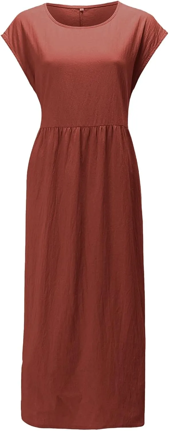 Cotton Dresses with Pockets for Women Casual Summer Midi Dress Solid Plus Size Short Sleeve Knee Length T Shirt Dress