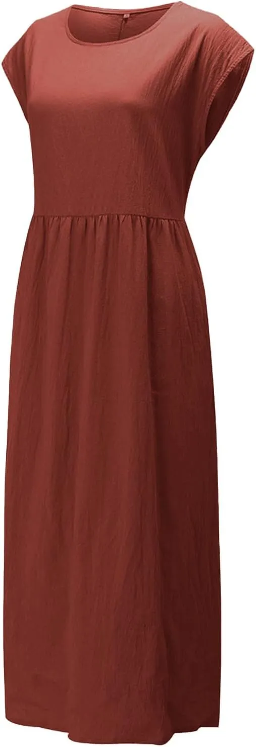 Cotton Dresses with Pockets for Women Casual Summer Midi Dress Solid Plus Size Short Sleeve Knee Length T Shirt Dress