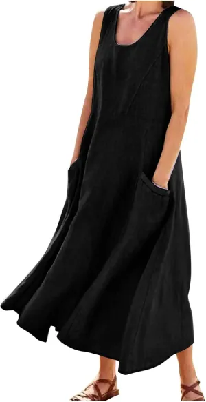 Cotton Linen Dresses for Women,Maxi Sleeveless Dresses Summer Casual Print Cotton Linen Sundress with Pockets (S-3XL)