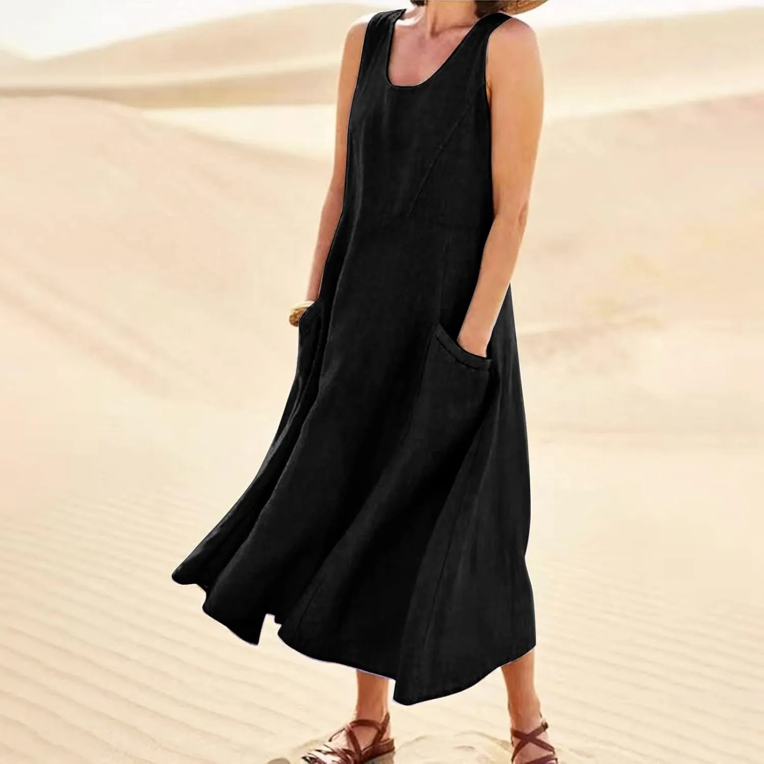 Cotton Linen Dresses for Women,Maxi Sleeveless Dresses Summer Casual Print Cotton Linen Sundress with Pockets (S-3XL)