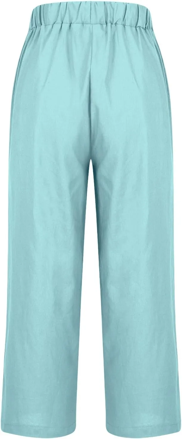 Cotton Linen Pants for Women High Elastic Waist Trousers Summer Lounge Straight Leg Pant Beach Vacation Outfit 2025
