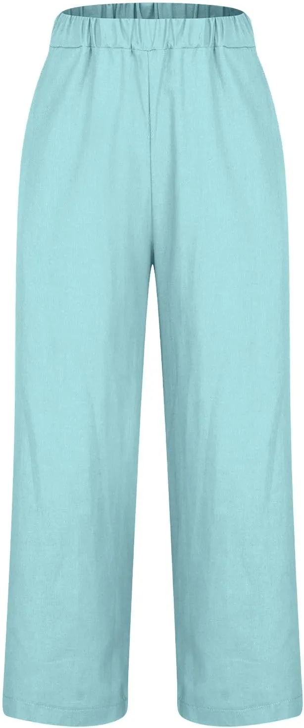 Cotton Linen Pants for Women High Elastic Waist Trousers Summer Lounge Straight Leg Pant Beach Vacation Outfit 2025