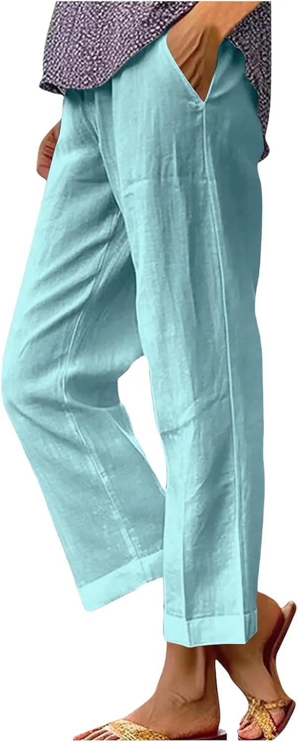 Cotton Linen Pants for Women High Elastic Waist Trousers Summer Lounge Straight Leg Pant Beach Vacation Outfit 2025