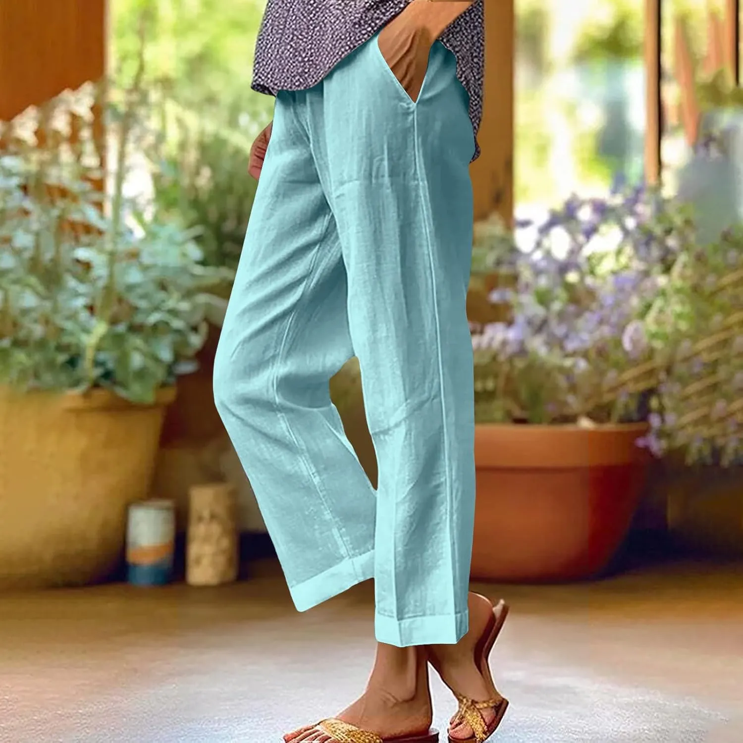 Cotton Linen Pants for Women High Elastic Waist Trousers Summer Lounge Straight Leg Pant Beach Vacation Outfit 2025