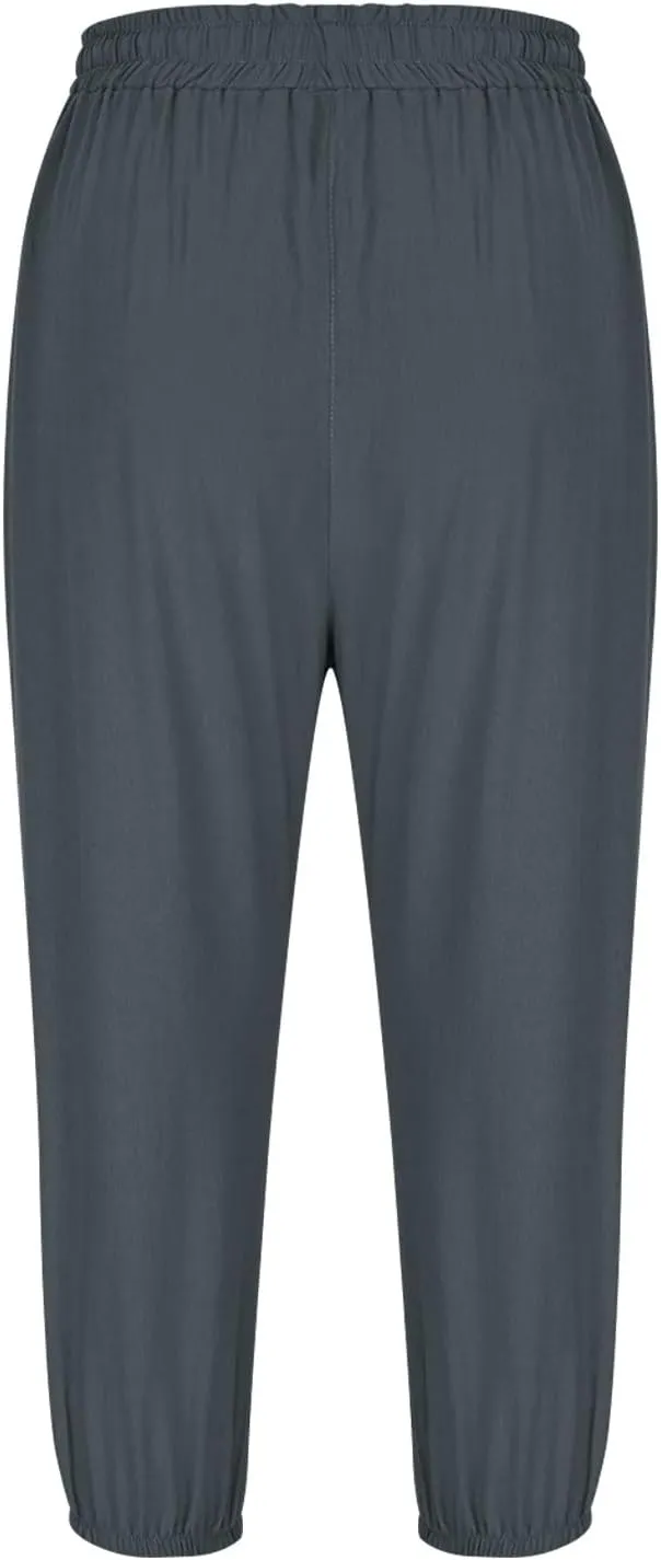 Cotton Linen Pants for Women Summer Elastic Waist Solid Capris Pants Straight Wide Leg Cropped Trousers