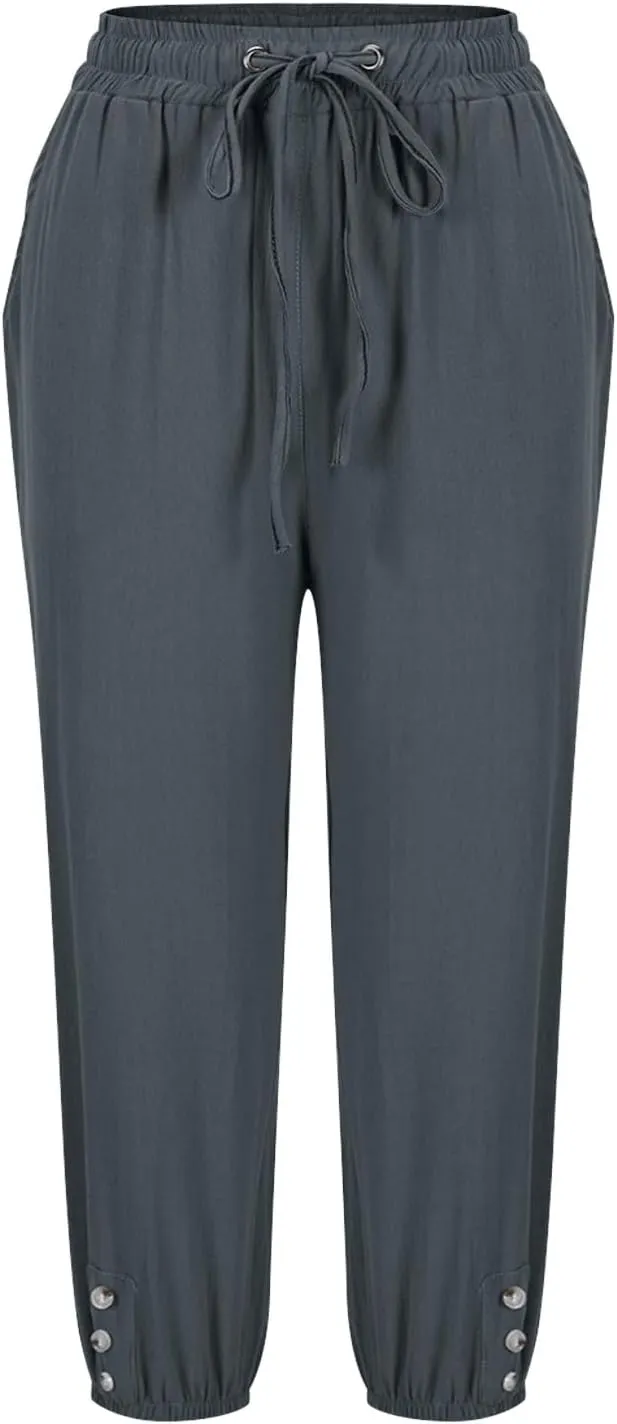 Cotton Linen Pants for Women Summer Elastic Waist Solid Capris Pants Straight Wide Leg Cropped Trousers