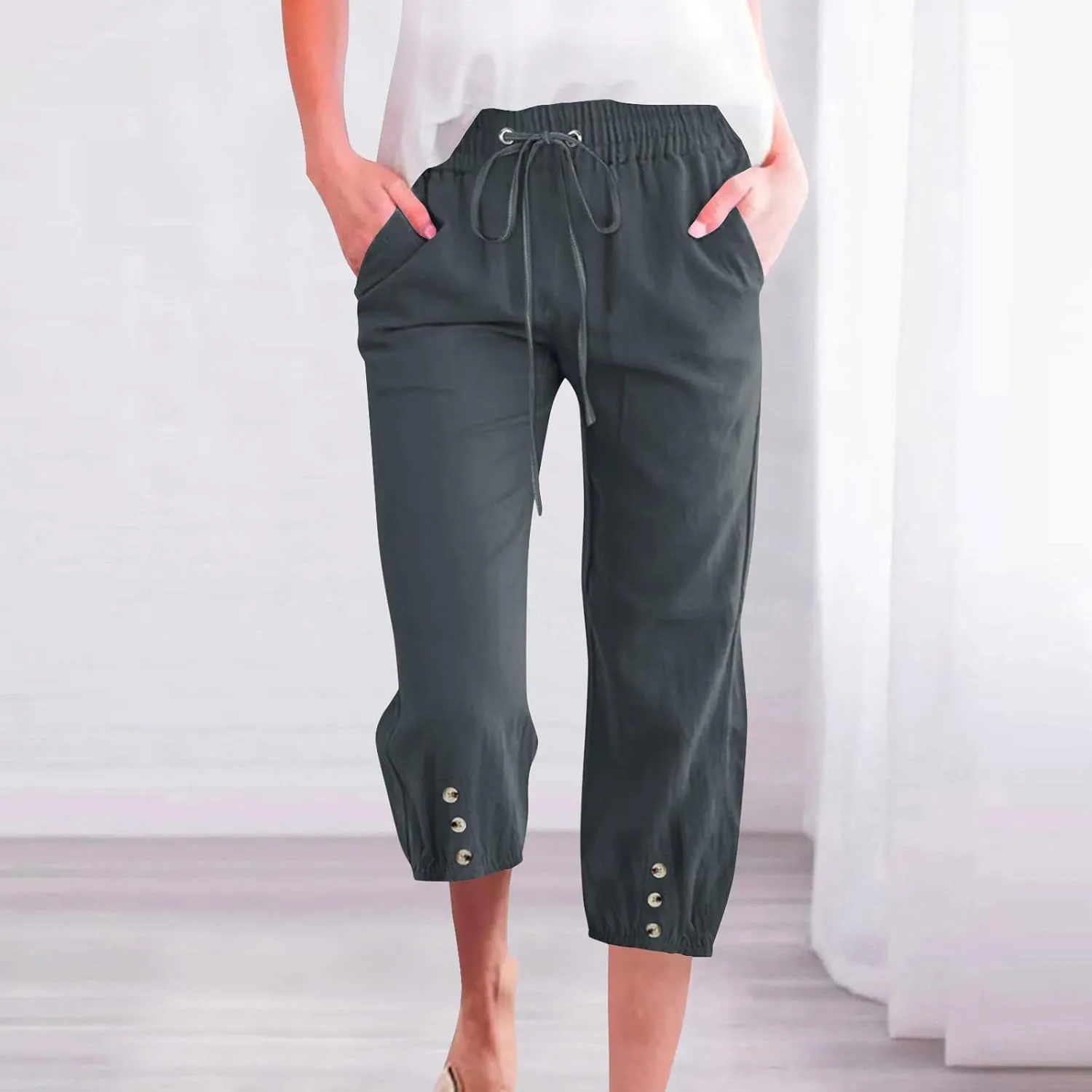 Cotton Linen Pants for Women Summer Elastic Waist Solid Capris Pants Straight Wide Leg Cropped Trousers