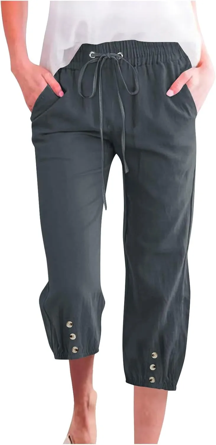 Cotton Linen Pants for Women Summer Elastic Waist Solid Capris Pants Straight Wide Leg Cropped Trousers