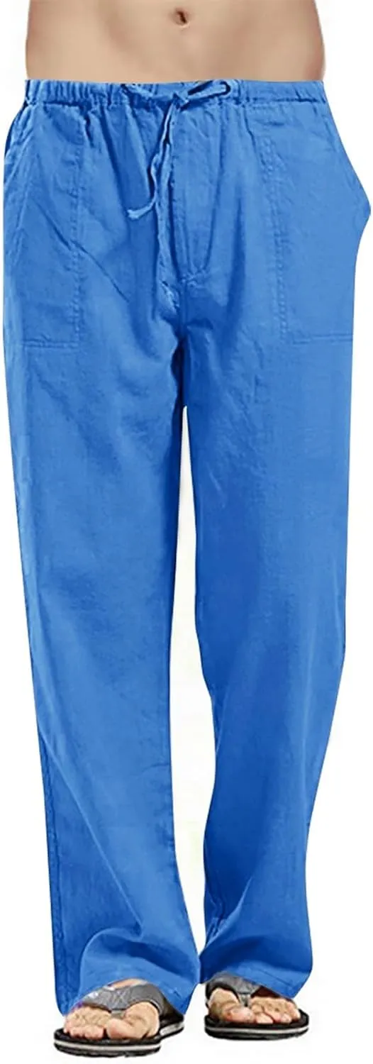 Cotton Linen Pants Men Casual Summer Beach Elastic Waist Drawstring Yoga Pant Gym Loose Baggy Workout Trousers