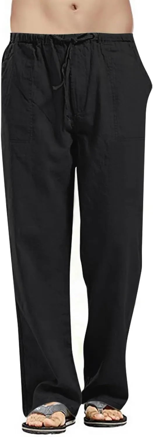 Cotton Linen Pants Men Casual Summer Beach Elastic Waist Drawstring Yoga Pant Gym Loose Baggy Workout Trousers
