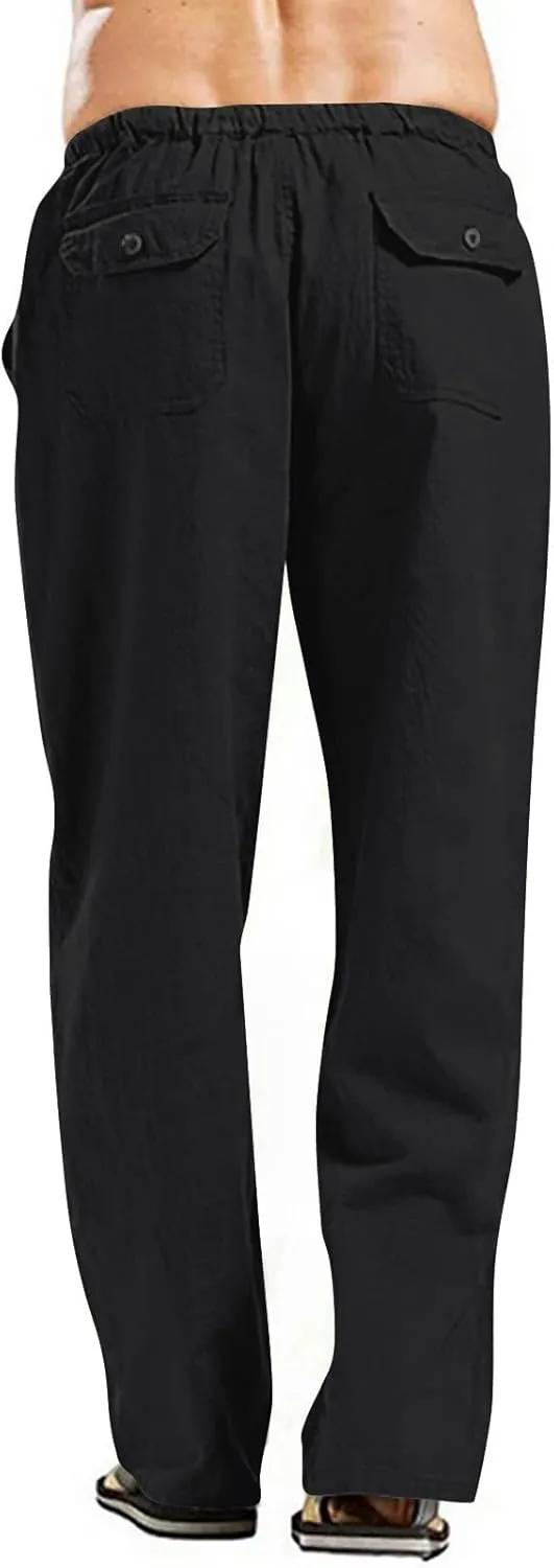 Cotton Linen Pants Men Casual Summer Beach Elastic Waist Drawstring Yoga Pant Gym Loose Baggy Workout Trousers