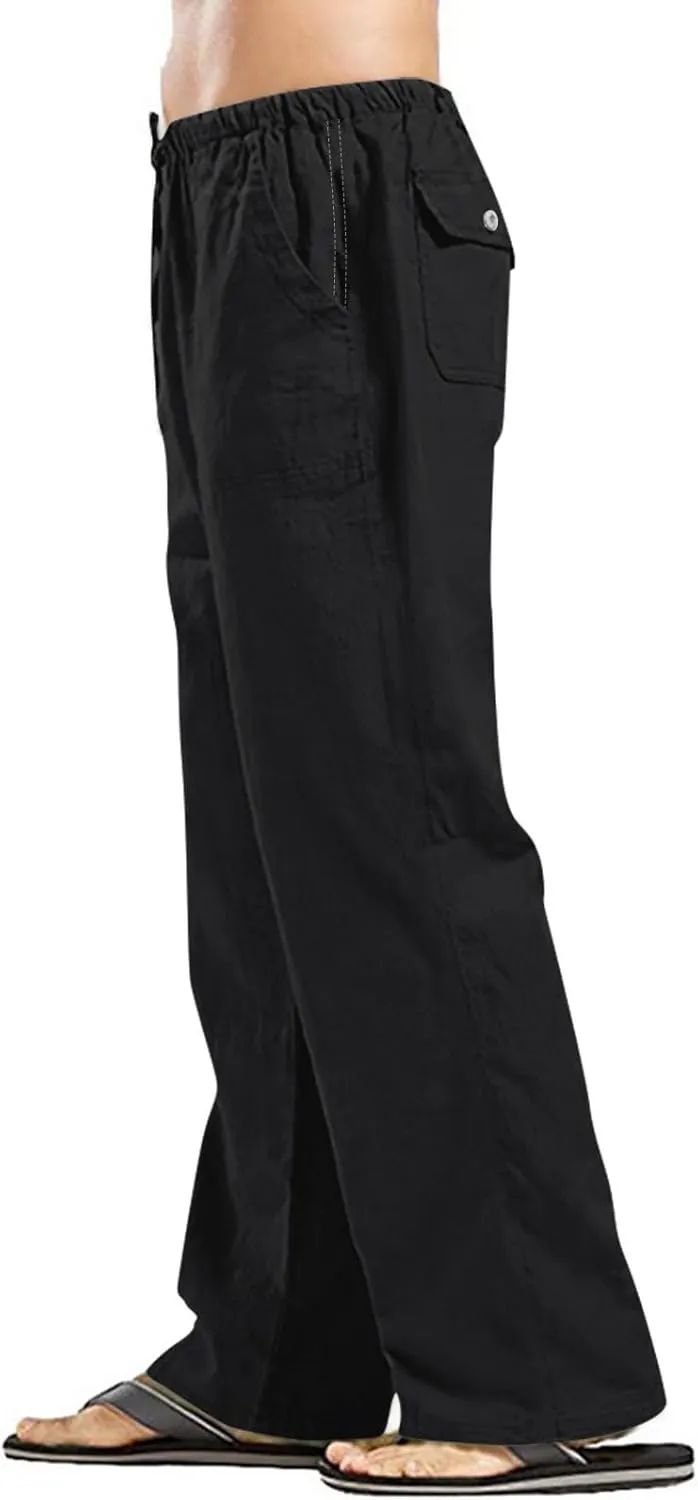 Cotton Linen Pants Men Casual Summer Beach Elastic Waist Drawstring Yoga Pant Gym Loose Baggy Workout Trousers