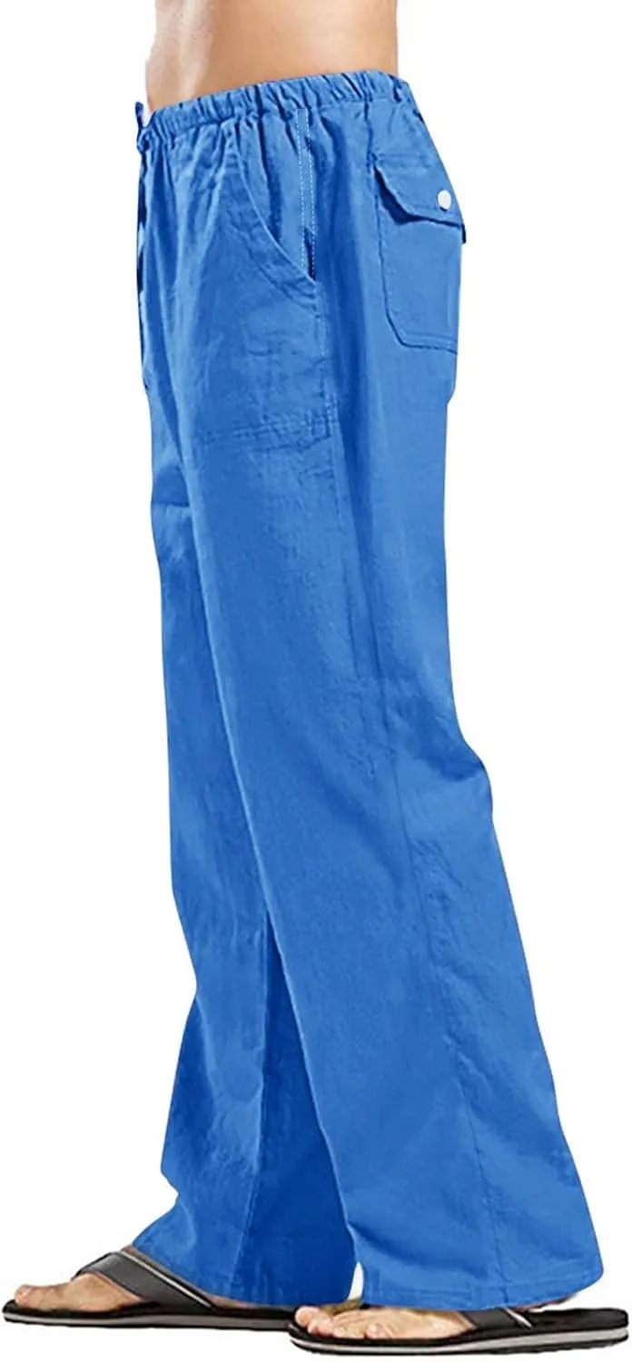 Cotton Linen Pants Men Casual Summer Beach Elastic Waist Drawstring Yoga Pant Gym Loose Baggy Workout Trousers