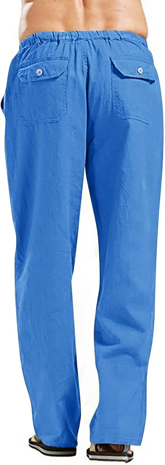 Cotton Linen Pants Men Casual Summer Beach Elastic Waist Drawstring Yoga Pant Gym Loose Baggy Workout Trousers