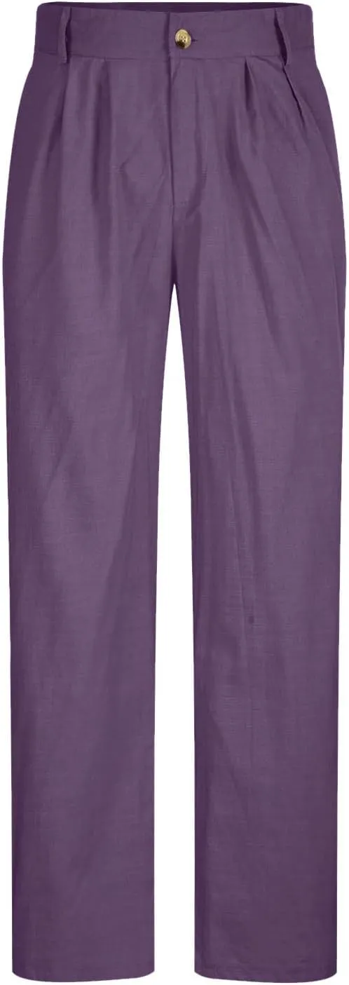 Cotton Linen Pants Men Straight Leg Pleated Work Dress Pants Casual Wide Leg Pants Loose Fit Leisure Chino Trousers