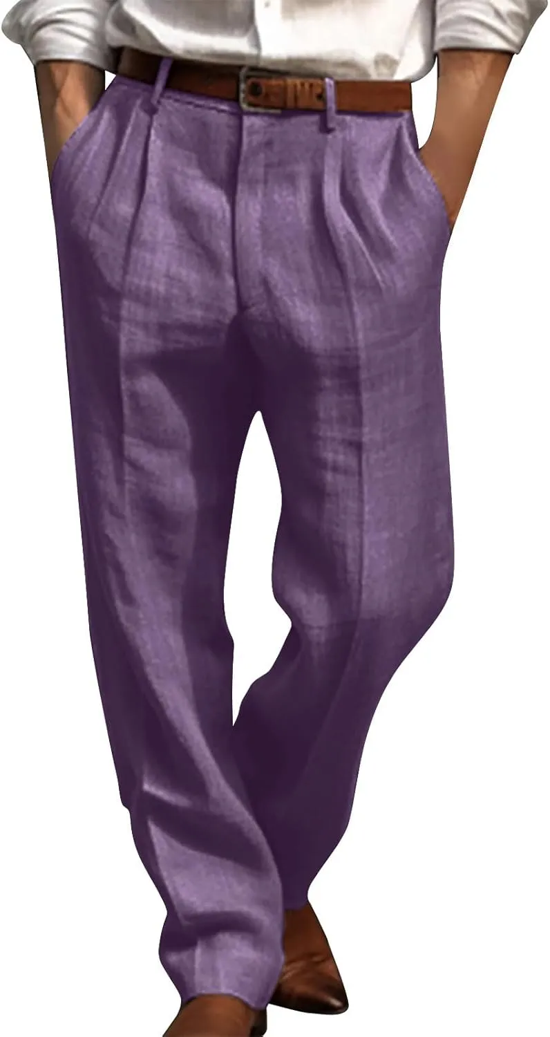 Cotton Linen Pants Men Straight Leg Pleated Work Dress Pants Casual Wide Leg Pants Loose Fit Leisure Chino Trousers