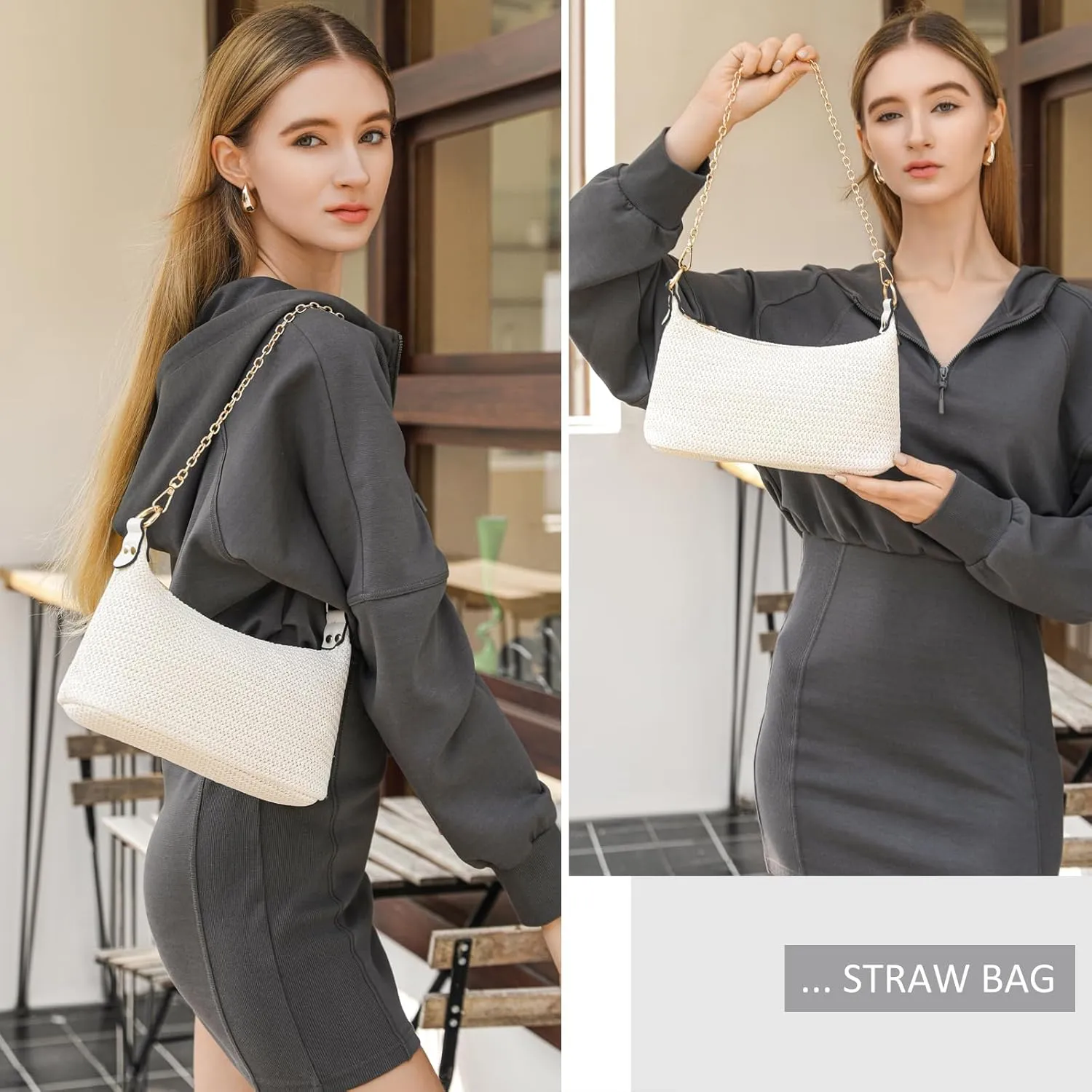 CROJUYI Straw Shoulder Bag for Women Soft Small Woven Shoulder Purse Handbag,Beach Tote Straw Bag for Summer