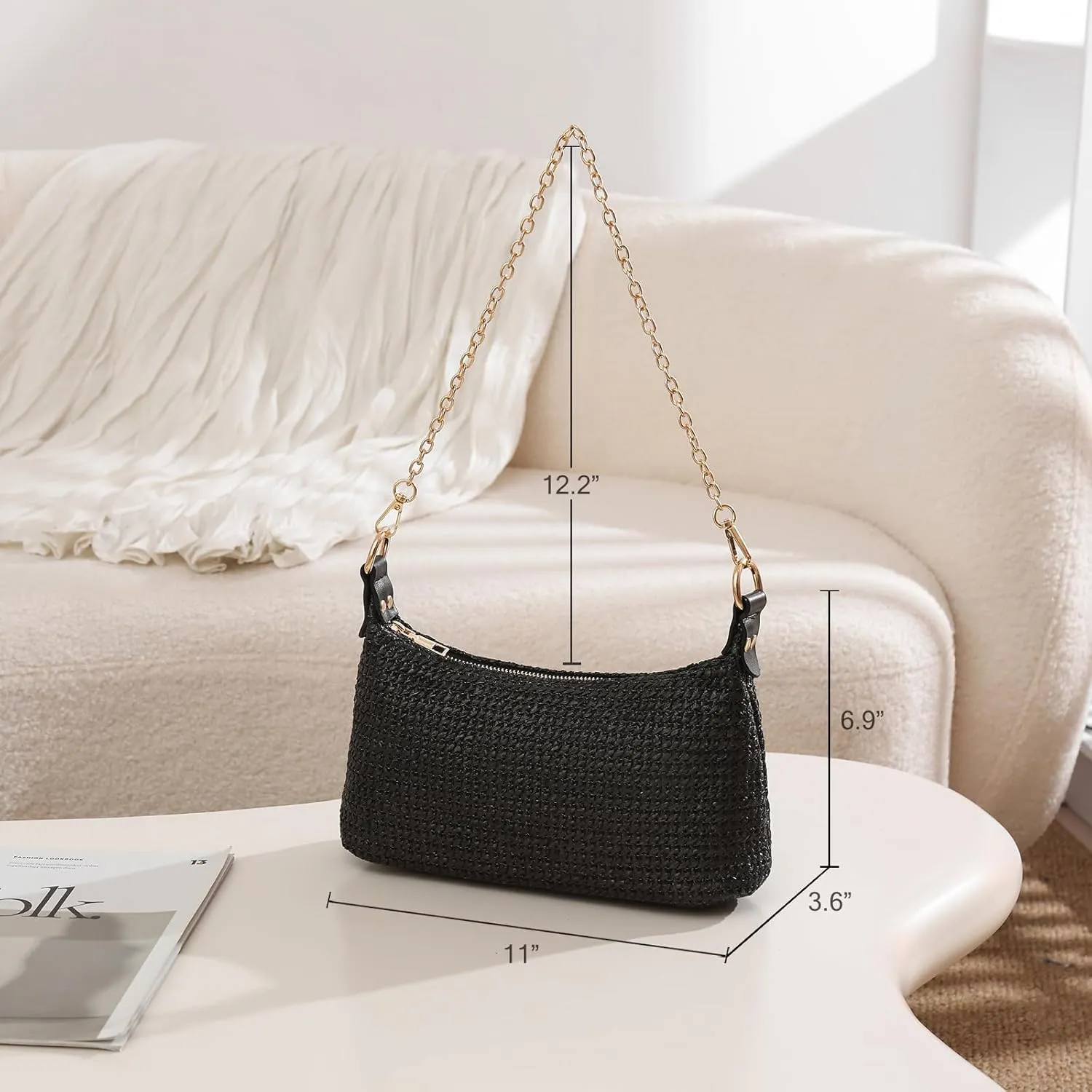 CROJUYI Straw Shoulder Bag for Women Soft Small Woven Shoulder Purse Handbag,Beach Tote Straw Bag for Summer
