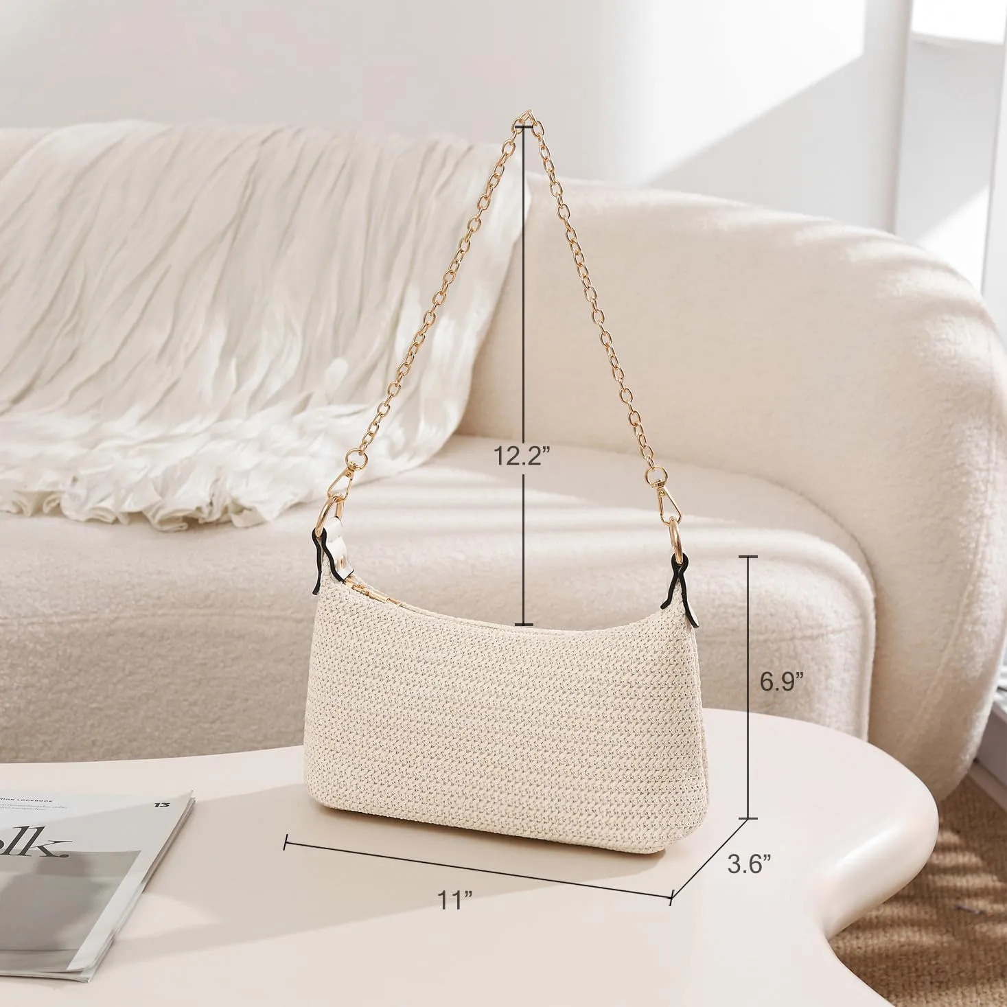 CROJUYI Straw Shoulder Bag for Women Soft Small Woven Shoulder Purse Handbag,Beach Tote Straw Bag for Summer