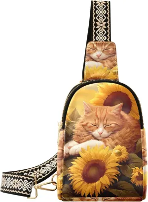 Cute Cat Sunflower Sling Bag for Women Fanny Packs for Women Small Leather Fanny Pack Crossbody Bags Fashion Waist Packs Chest Bag for Travel 21340229