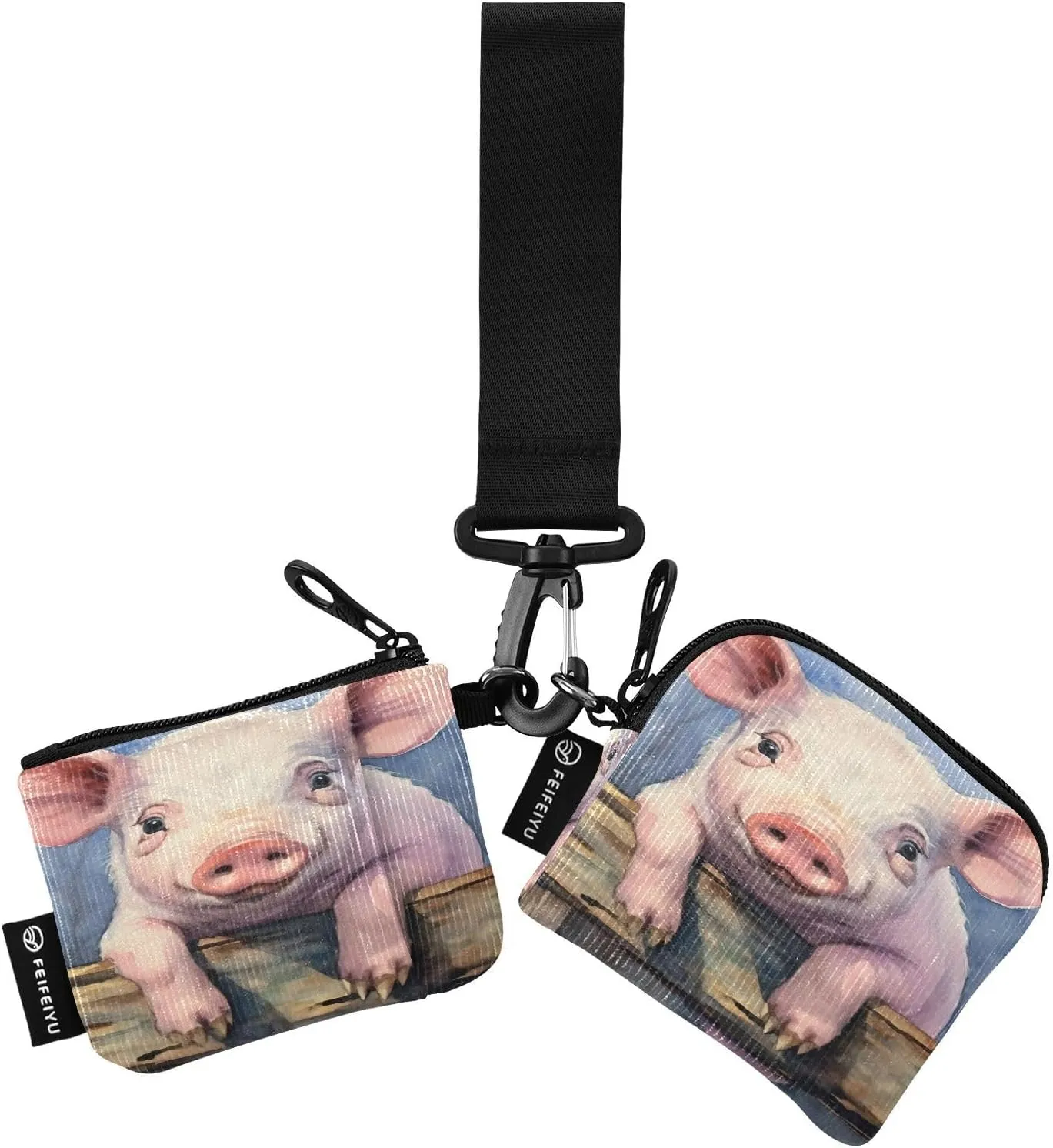 Cute Little White Pig Zip Around Wristlet Wallet for Women Portable Detachable Dual Pocket Keychain Wallet Wrist Wallet
