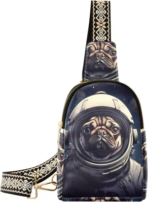 Cute Pug Dog Astronaut Sling Bag for Women Fanny Packs for Women Small Leather Fanny Pack Crossbody Bags Fashion Waist Packs Chest Bag for Travel 21340425