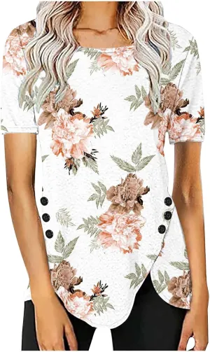 Cute Tops for Women Summer Boho Trendy Short Sleeve Tunic Tops Floral Print Flowy Blouses Fashion Ladies Clothes 2024