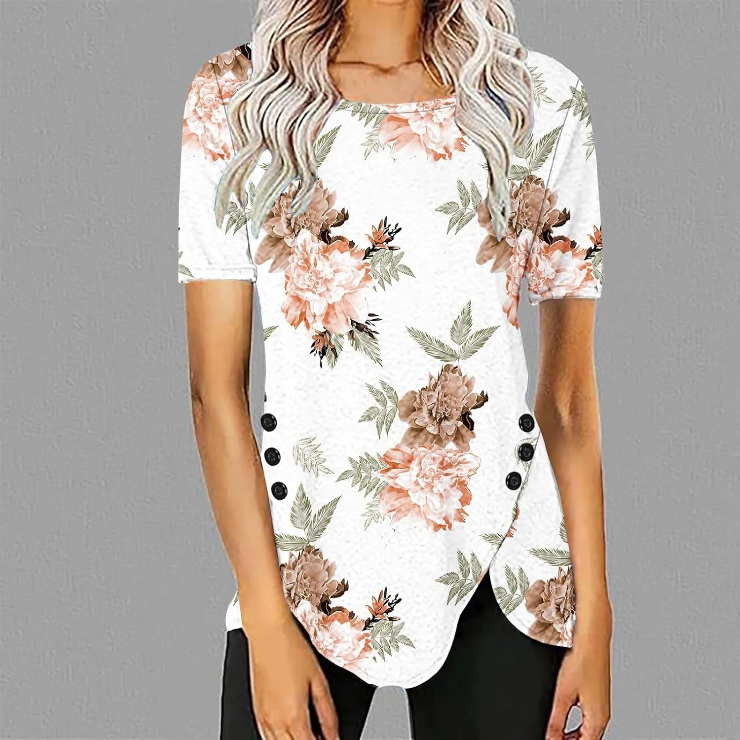 Cute Tops for Women Summer Boho Trendy Short Sleeve Tunic Tops Floral Print Flowy Blouses Fashion Ladies Clothes 2024