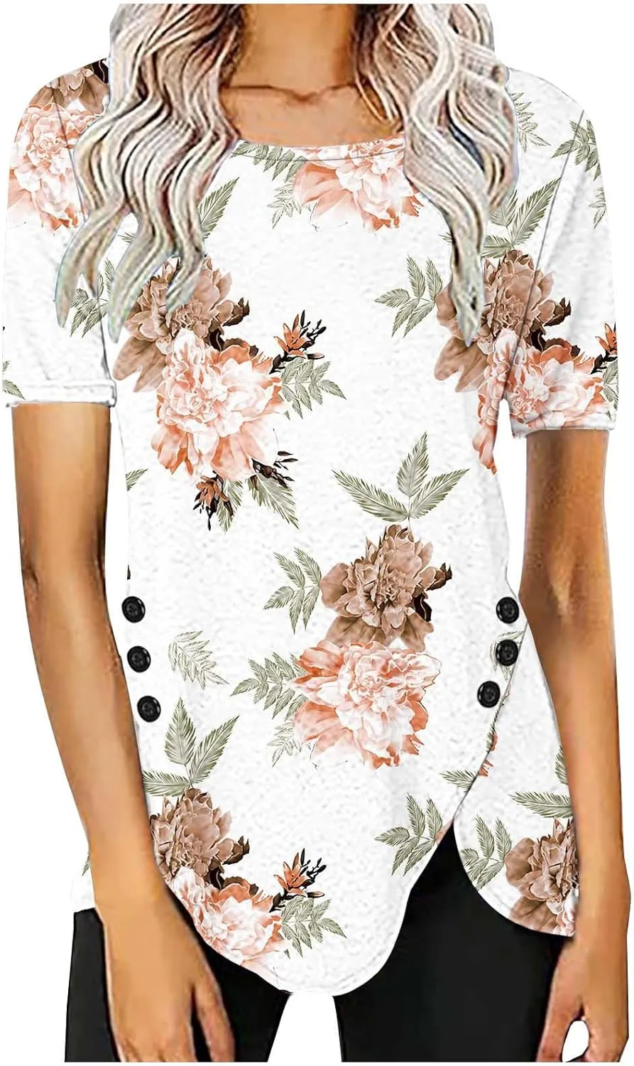 Cute Tops for Women Summer Boho Trendy Short Sleeve Tunic Tops Floral Print Flowy Blouses Fashion Ladies Clothes 2024