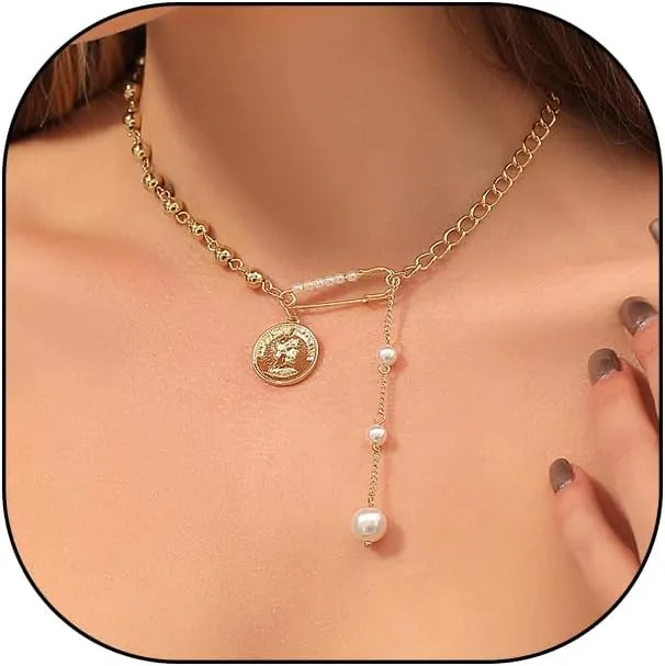 Dainty Gold Plated Coin Pendant Choker for Women,Irregular Geometric Pearl Pin Necklaces,Trendy Half Beaded Half Chain Necklace,Boho Statement Jewelry Gifts