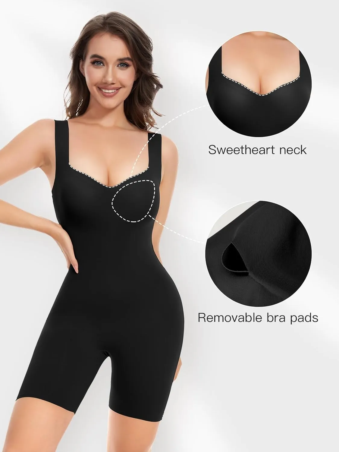 Decorus Bodysuit Shorts Womens Seamless: Workout Romper With Built In Bra Sweetheart Neck - One Piece Shapewear Jumpsuits