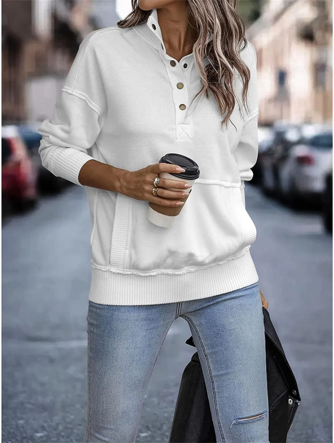 DGHM-JLMY Women's Button Fashion Street Sweater Long Sleeve Oversized Hooded Sweatshirt With Pockets Henley Hoodies Pullover