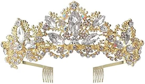 Diamond Tiara Gold Queen Golden Wedding Crystal Tiara Women Bridal Party Birthday