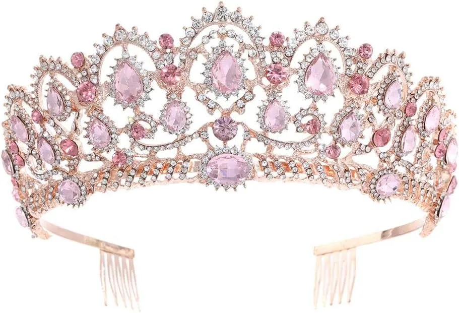 Diamond Tiara Rose Gold Pink Vintage Hair Jewelry Pearl Crystal Tiara and Crown with Comb Headband Bridal Rhinestones
