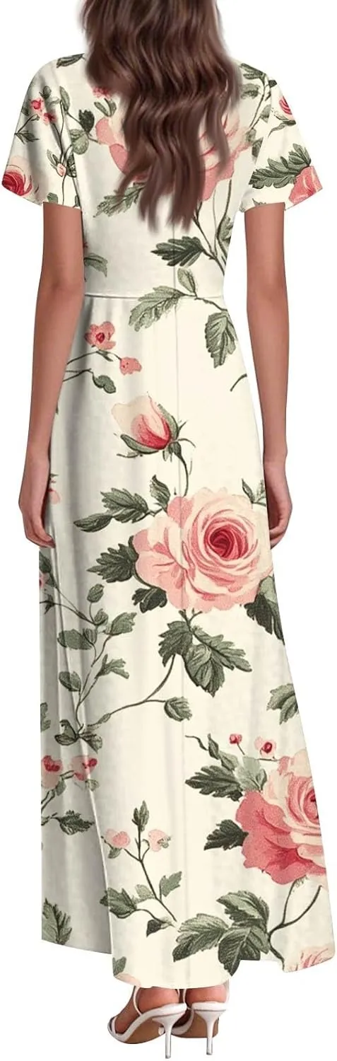 DOPOCQ Dresses for Women Trendy Floral Print Hem Chiffon Cocktail Dress Summer Ruffle Short Sleeve V Neck Flowy Sundress