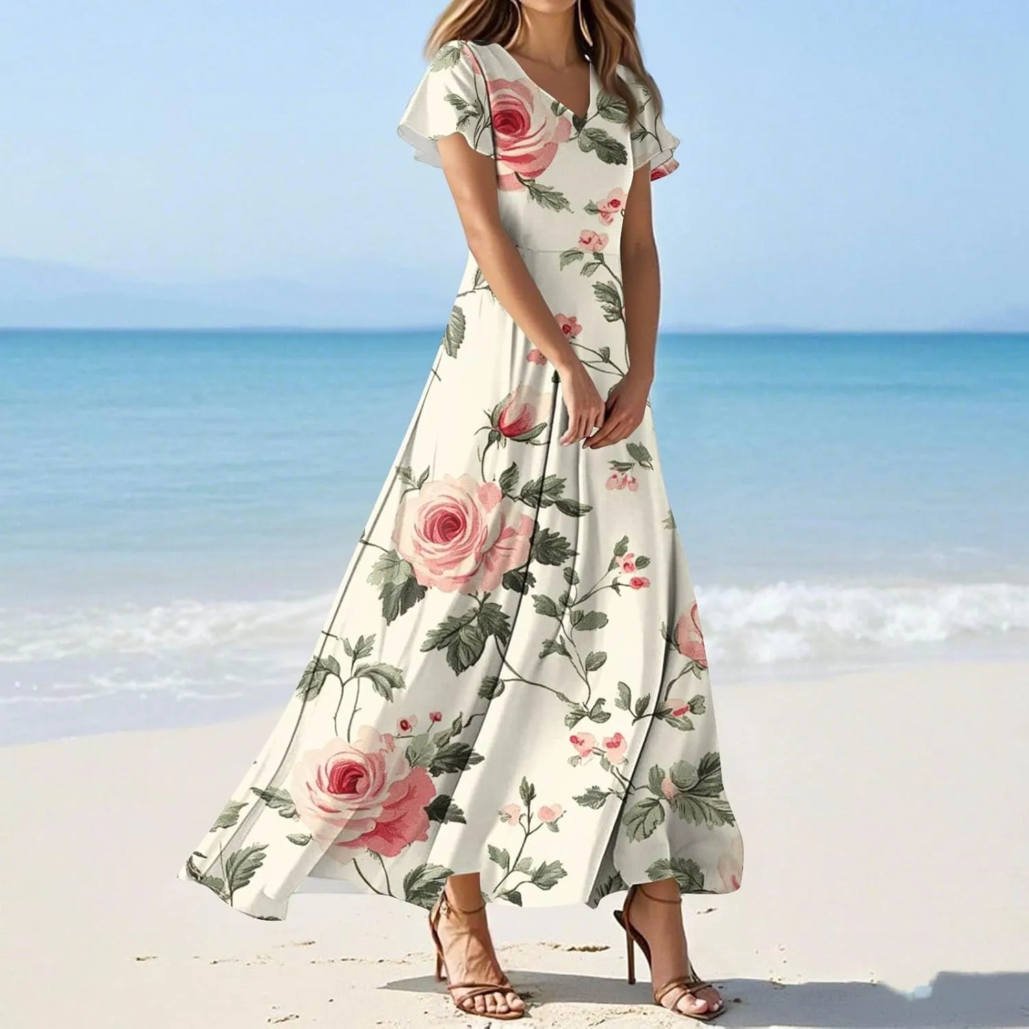 DOPOCQ Dresses for Women Trendy Floral Print Hem Chiffon Cocktail Dress Summer Ruffle Short Sleeve V Neck Flowy Sundress