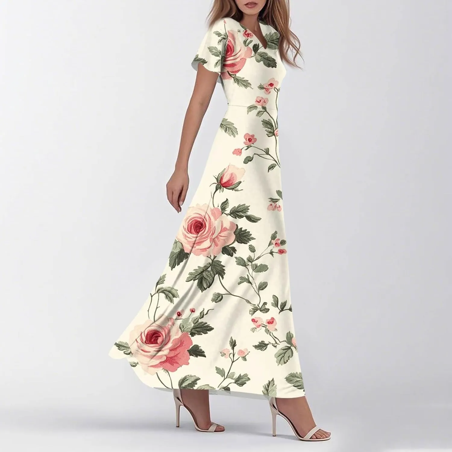 DOPOCQ Dresses for Women Trendy Floral Print Hem Chiffon Cocktail Dress Summer Ruffle Short Sleeve V Neck Flowy Sundress