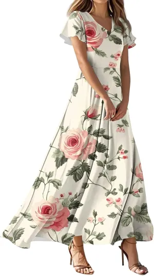 DOPOCQ Dresses for Women Trendy Floral Print Hem Chiffon Cocktail Dress Summer Ruffle Short Sleeve V Neck Flowy Sundress