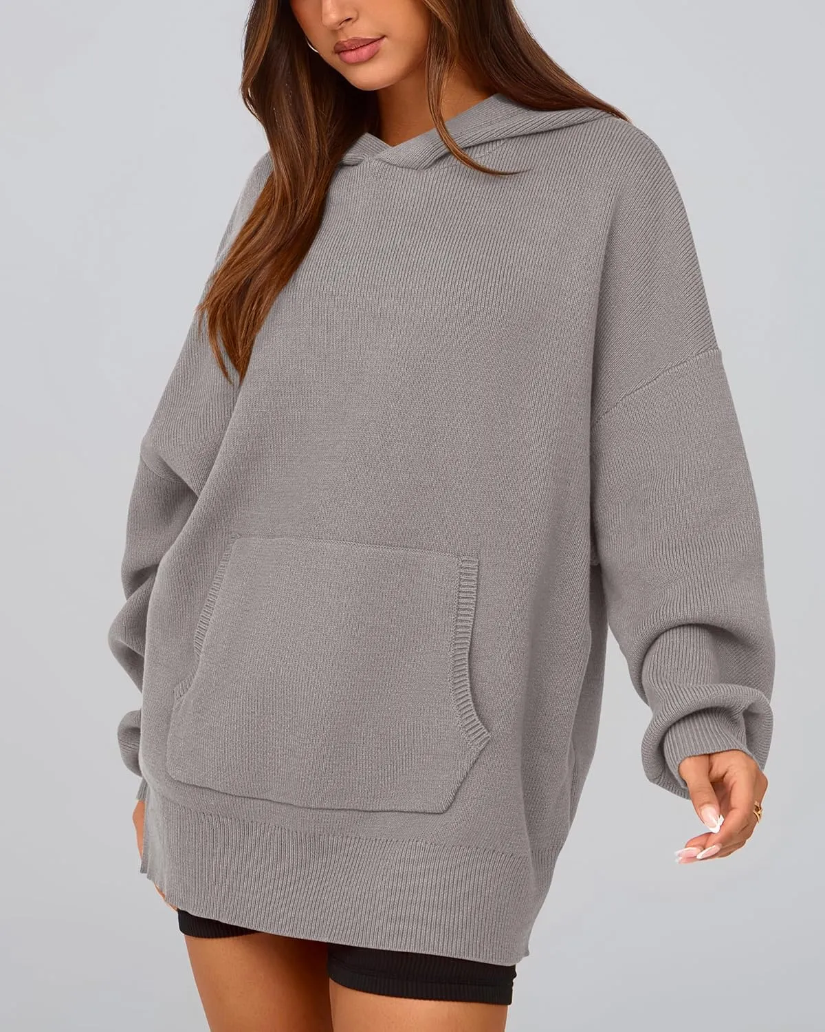 dowerme Women Oversized Sweaters 2025 Lantern Long Sleeve Drop Shoulder Chunky Knit Hooded Pullover Sweater With Pocket