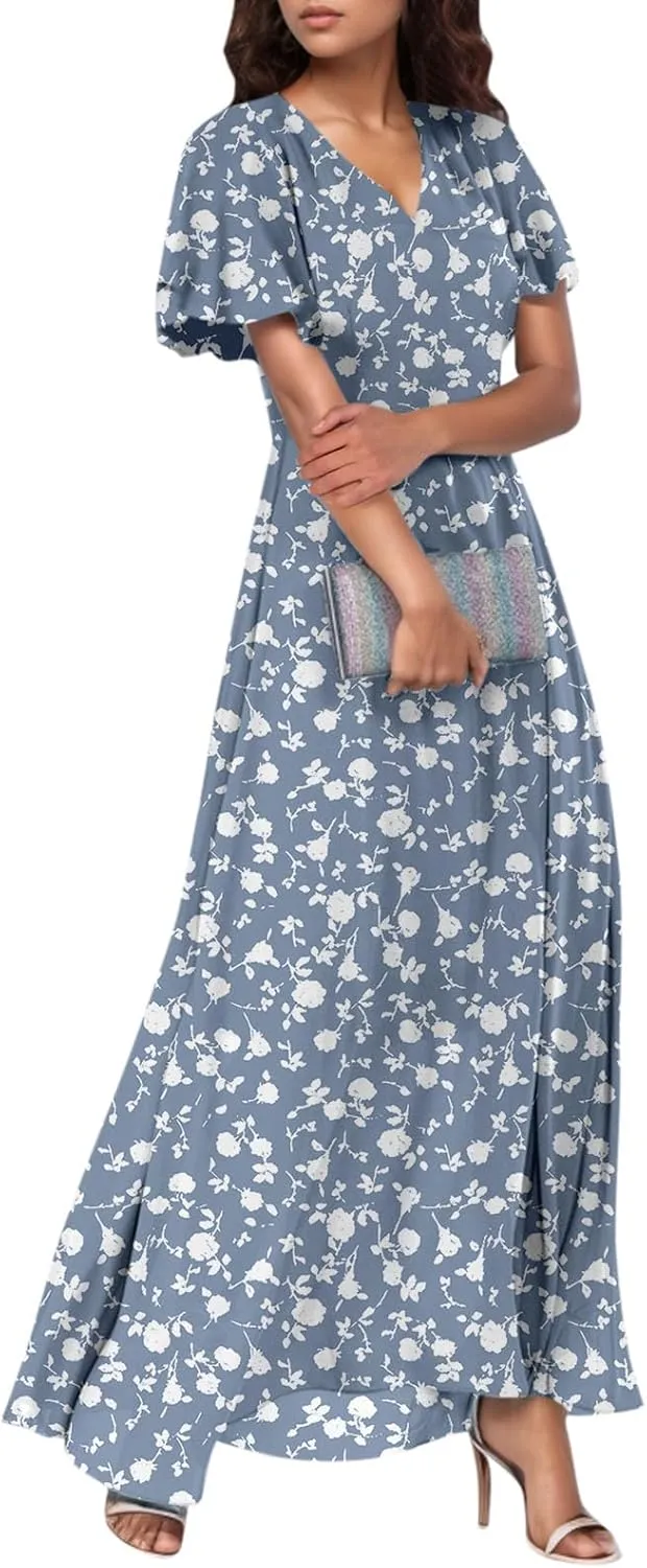 Dresses for Church Women 2025 Maxi Dress Summer Wrap Floral Ruffle Sleeve Chiffon Wedding Dress Boho