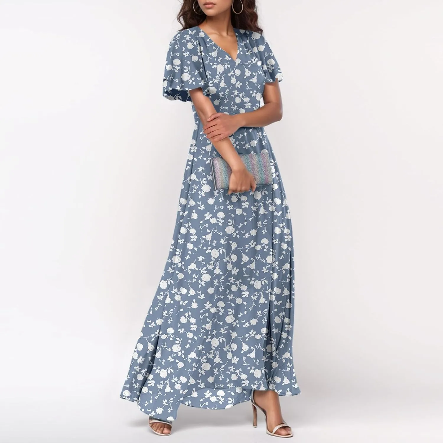 Dresses for Church Women 2025 Maxi Dress Summer Wrap Floral Ruffle Sleeve Chiffon Wedding Dress Boho